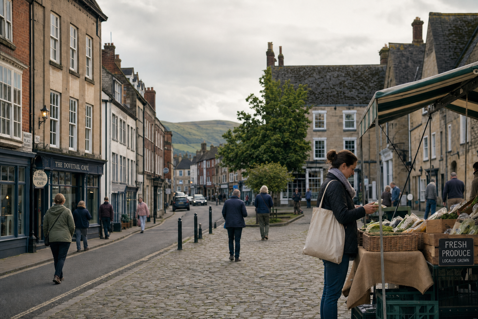 A woman shops for locally grown produce at an outdoor market in a quaint cobblestone street.