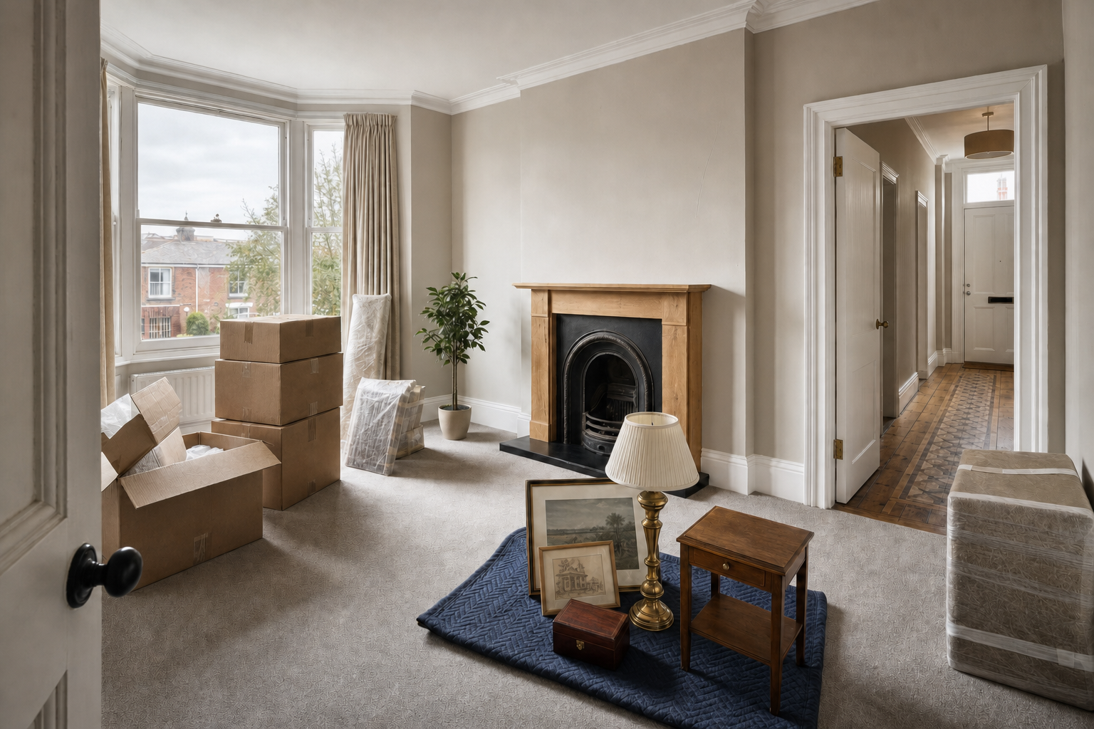 Living room with moving boxes, a potted plant, and a fireplace, featuring a view of neighbouring houses through a bay window.