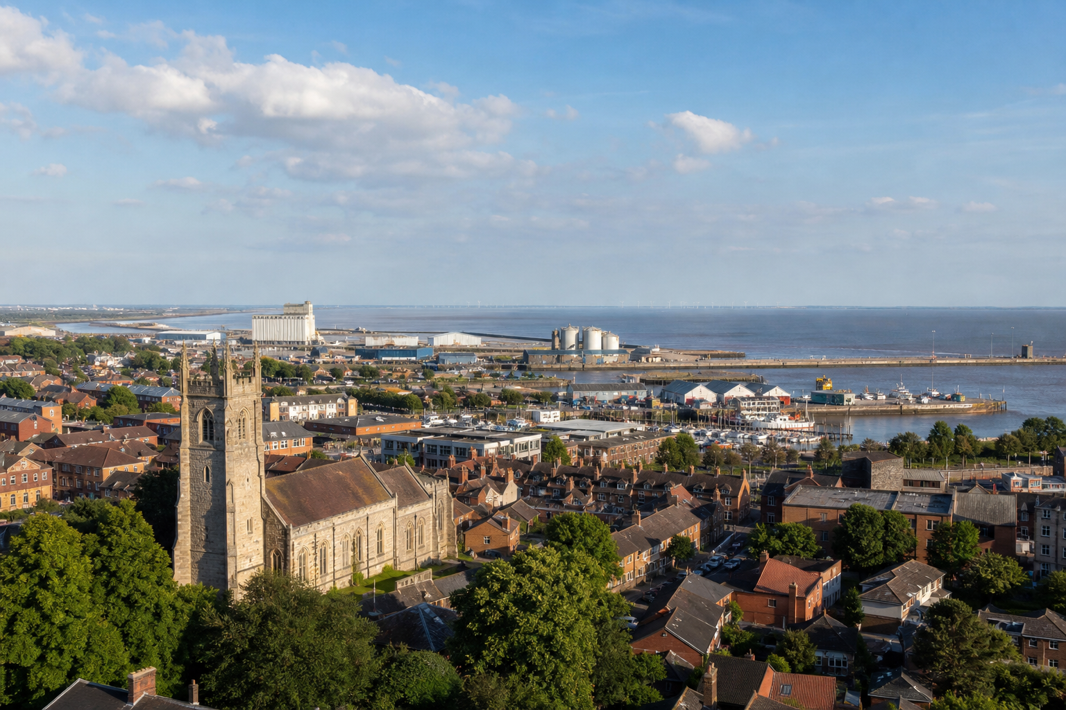 Aerial view of a coastal town with a historic church, residential buildings, and a distant harbor.