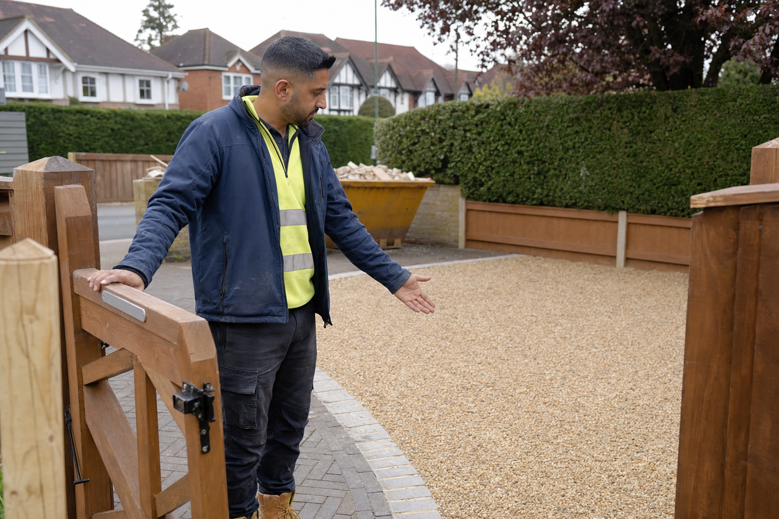 A man wearing a high-visibility jacket gestures towards a neat gravel driveway in a residential area.