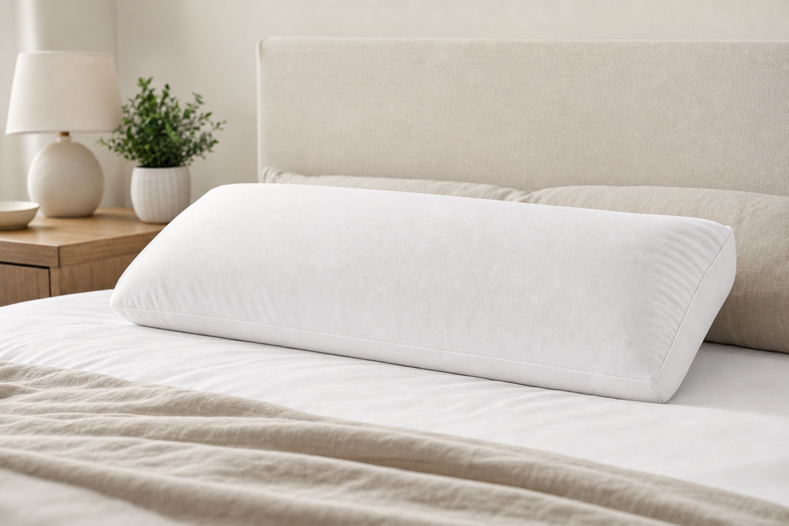A large white bolster pillow on a neatly made bed with beige bedding and a bedside table decorated with a lamp and plant.