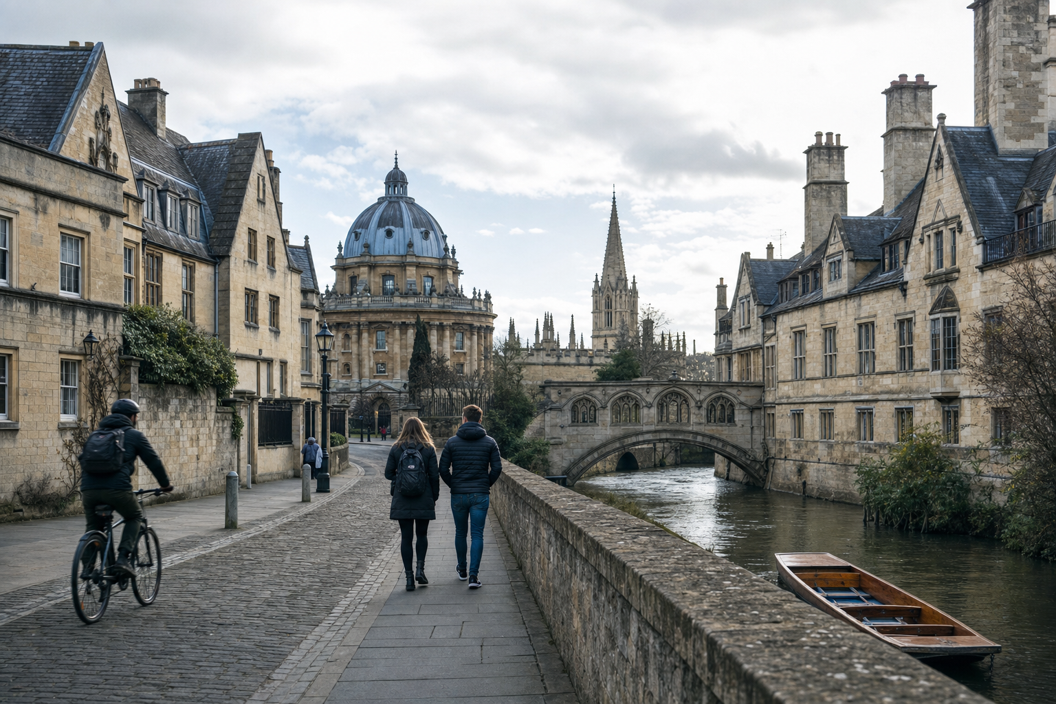 People walk and cycle along a cobbled street in Oxford, with historic buildings and the Bridge of Sighs in the background.