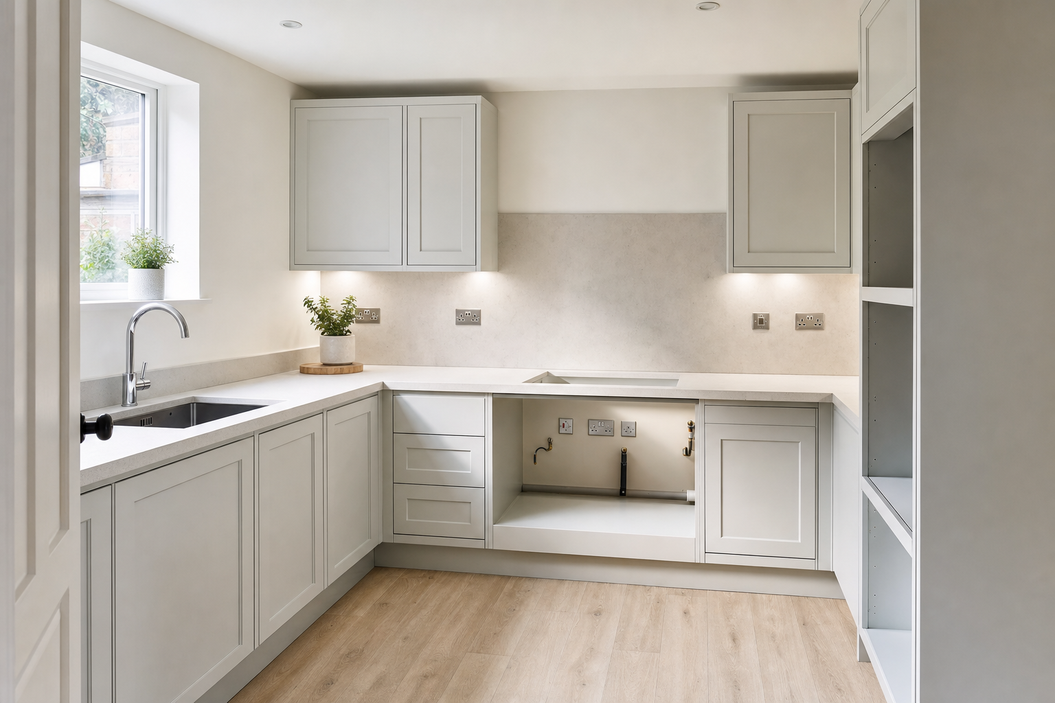 Modern kitchen with light grey cabinets, potted plants, and an empty space under the countertop for appliances.