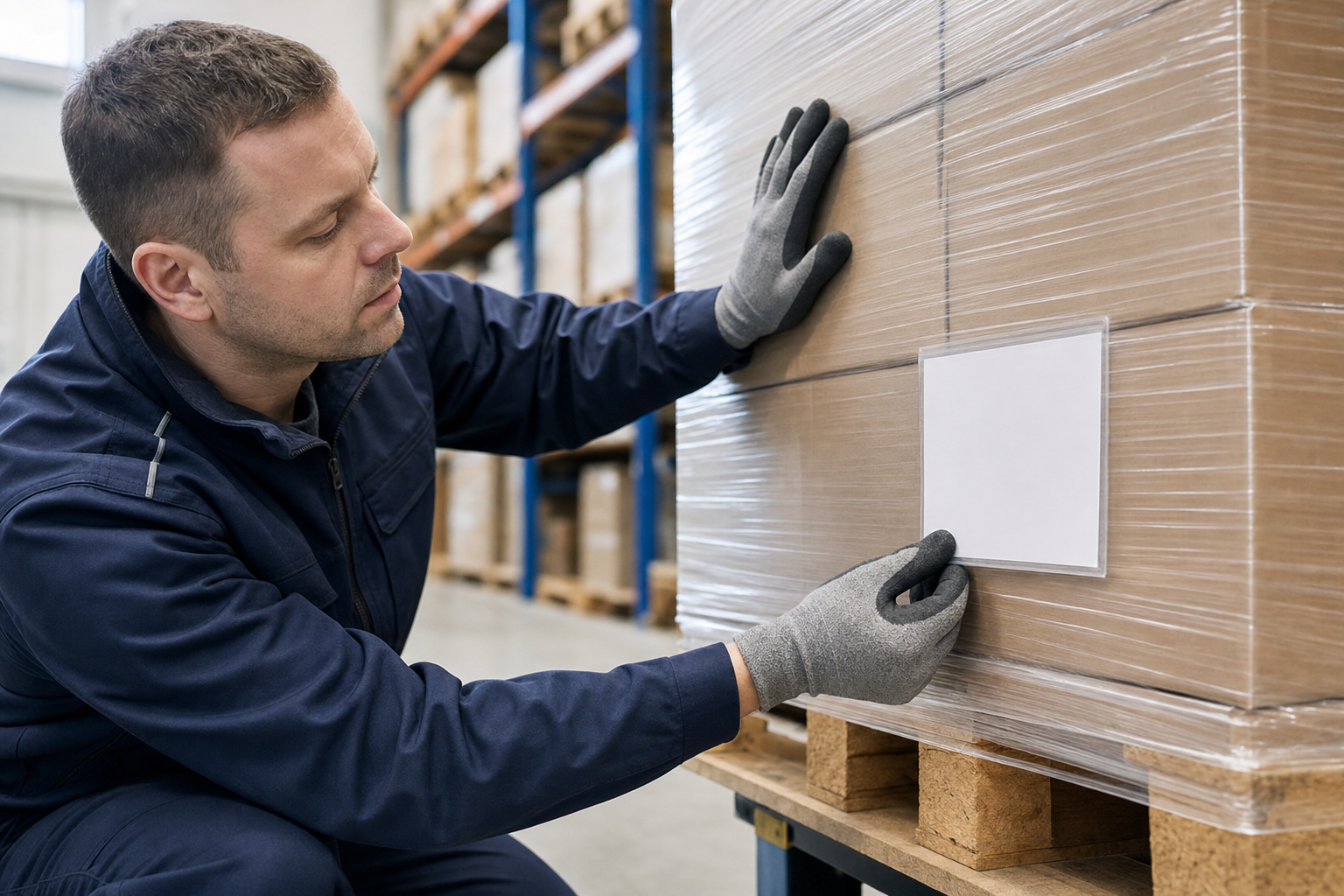 Warehouse worker in blue overalls and gloves labels a wrapped pallet in a storage facility.