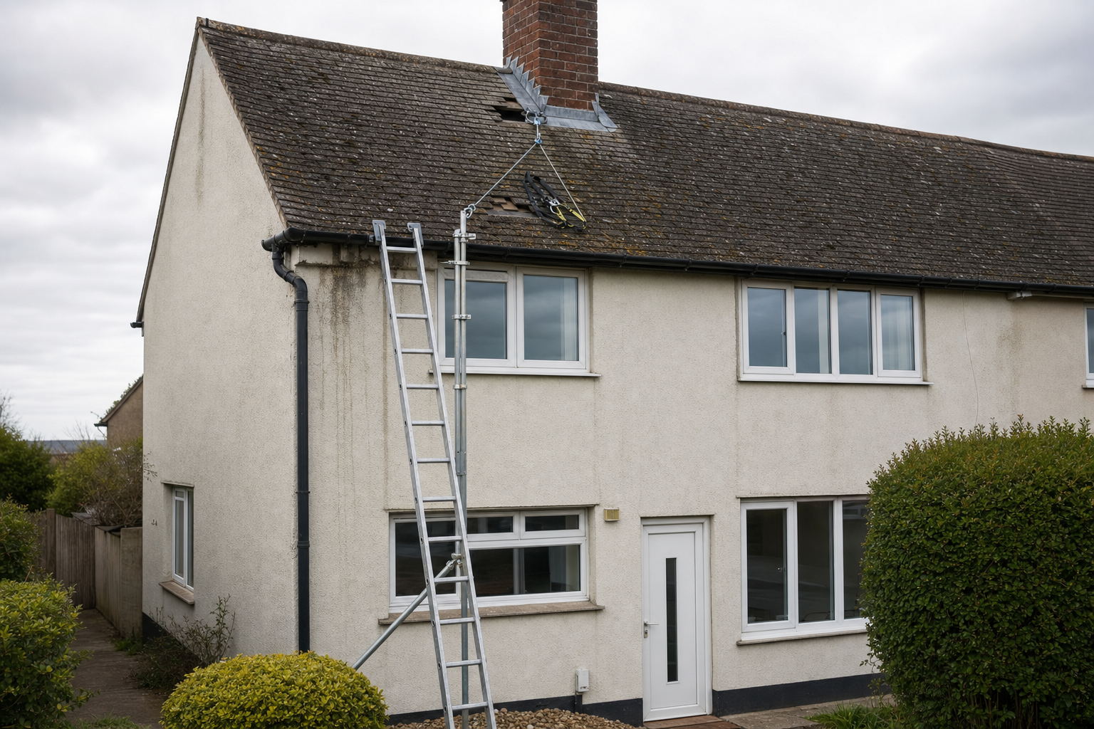 A ladder and scaffolding are set up against a semi-detached house for roof repairs.