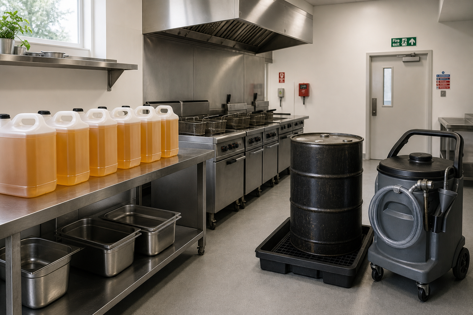 Commercial kitchen with oil containers, frying stations, and a large oil drum.