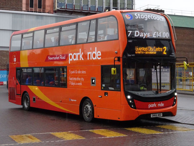 een in Chester today is ADL Enviro400 MMC Fleet No: 10807 Reg: SN66 WBD for Cambridge Park and Ride diverted to Chester Depot. This is noted on service No2 to Liverpool which is a Stagecoach Gold service.
