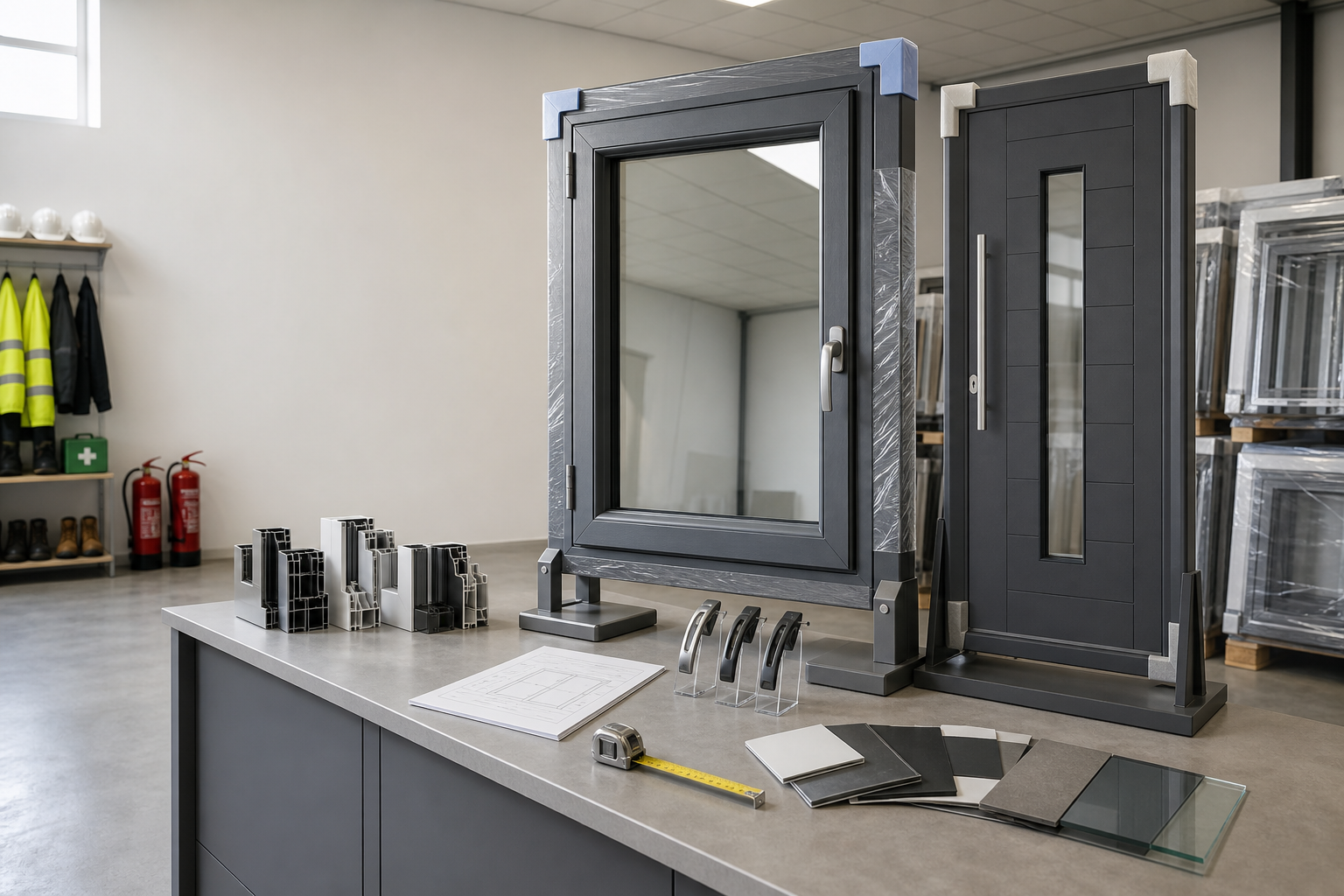 Window and door models displayed on a counter with samples, plans, and tools in a showroom.