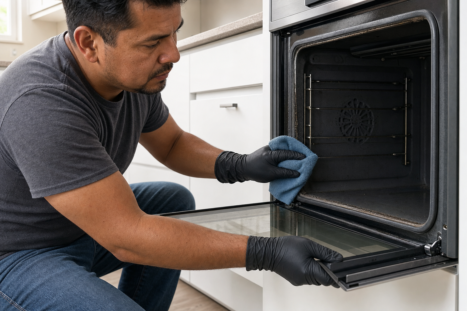 A person wearing gloves cleans the inside of an oven with a blue cloth in a modern kitchen.