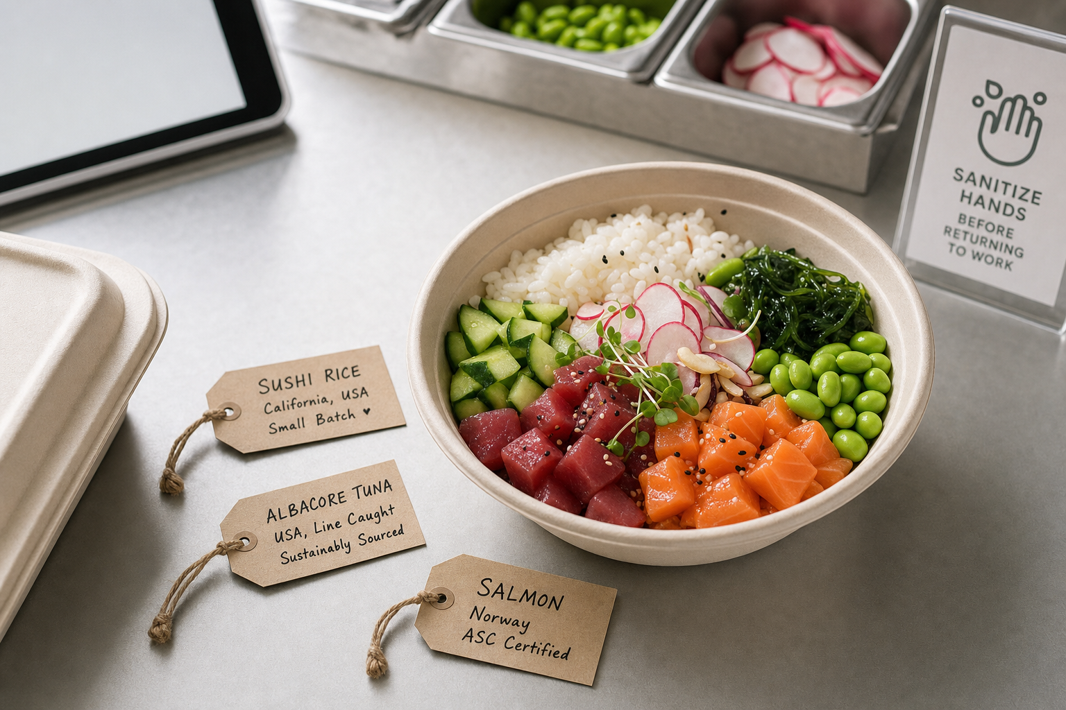A colourful poke bowl with sushi rice, albacore tuna, and salmon, accompanied by ingredient labels and a tablet nearby.