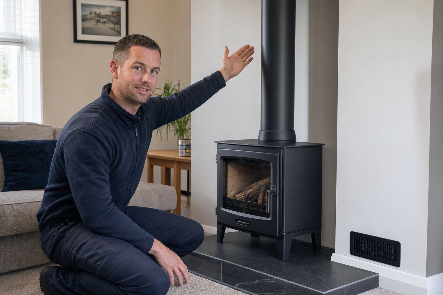 Man kneeling beside a wood-burning stove, gesturing towards the chimney pipe in a cosy living room.
