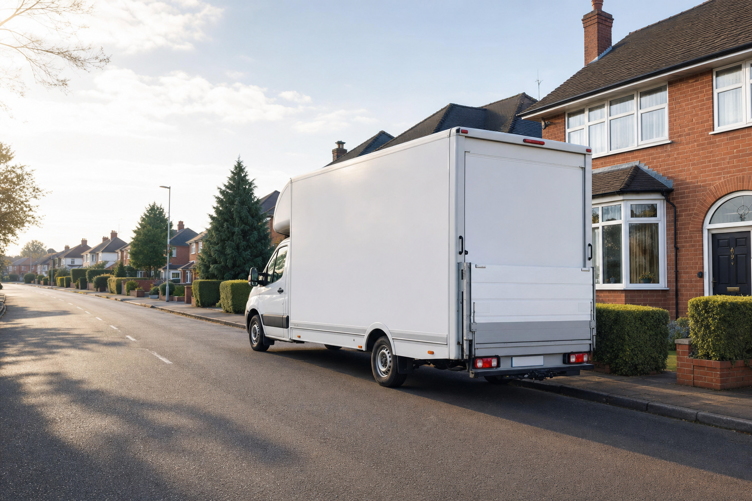 A white moving van is parked on a residential street in front of a brick house.