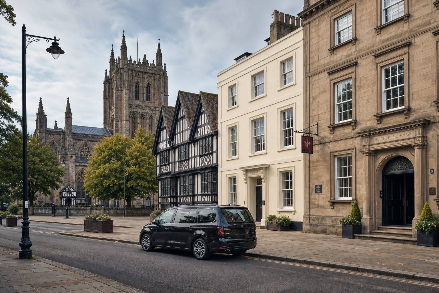 A black car is parked on a street beside historic buildings and a large cathedral in the background.