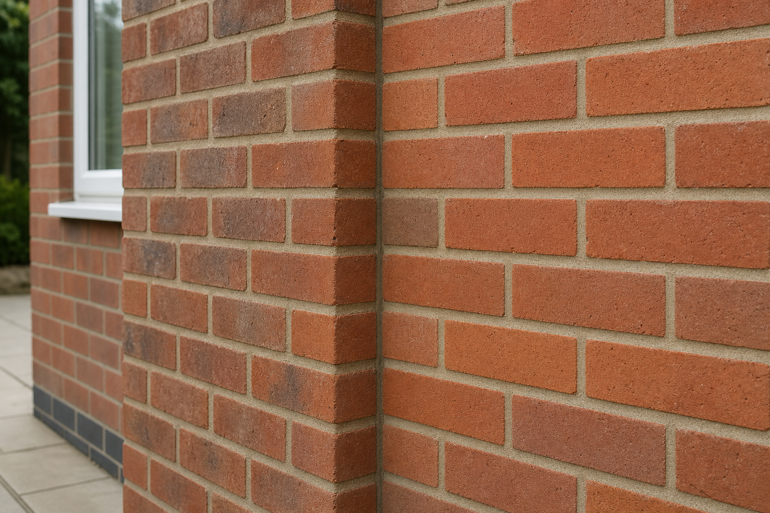 Red brick wall of a building with a corner, showing precise masonry and a window in the background.