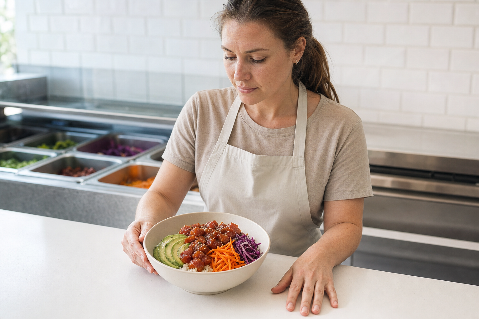 Woman in an apron holding a bowl of poke with avocado, carrot, and tuna in a kitchen setting.