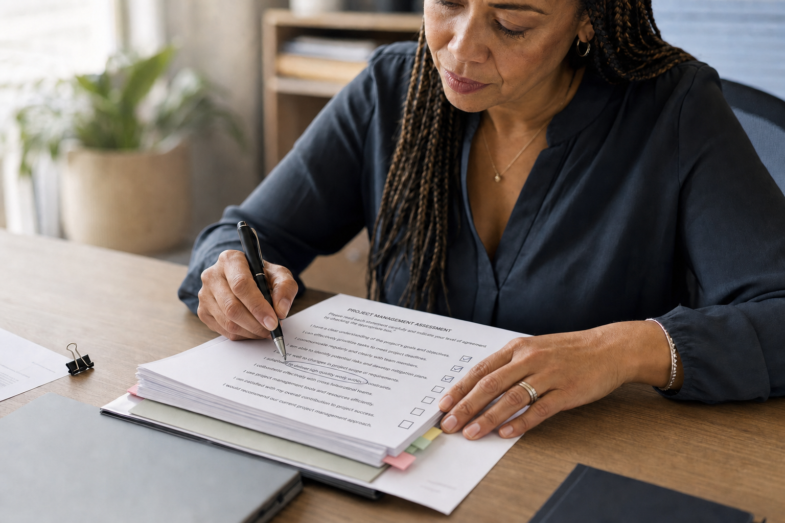 A woman sits at a desk reviewing and marking a project management assessment document with a pen.
