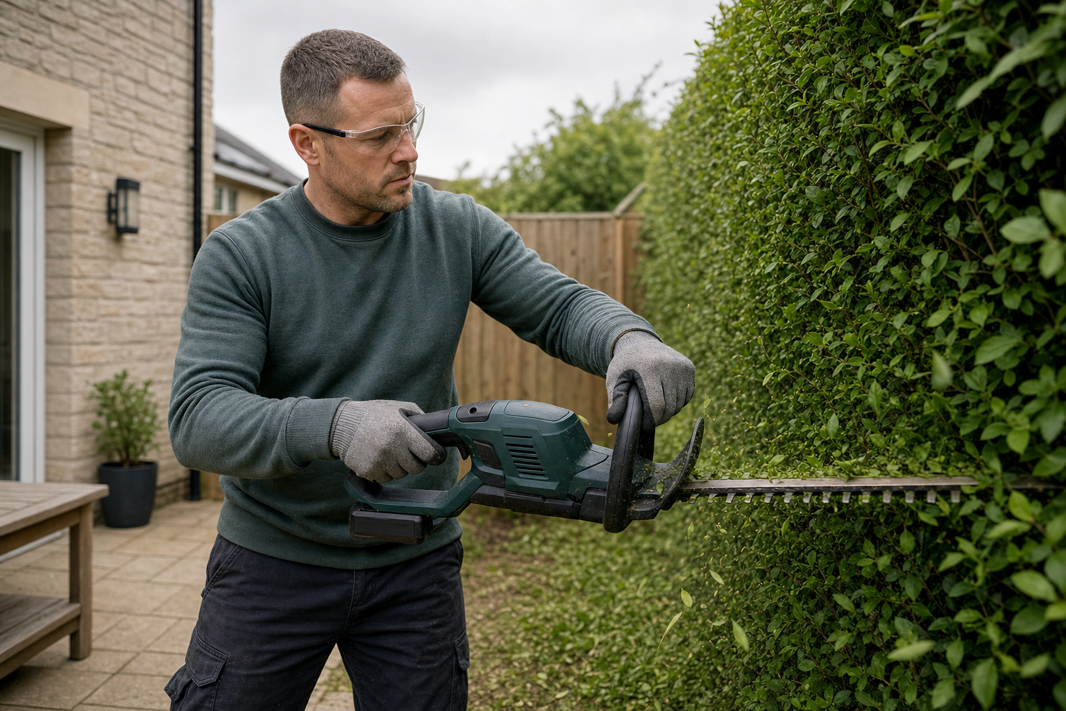 A man wearing safety glasses and gloves trims a dense hedge with an electric hedge trimmer in a garden setting.