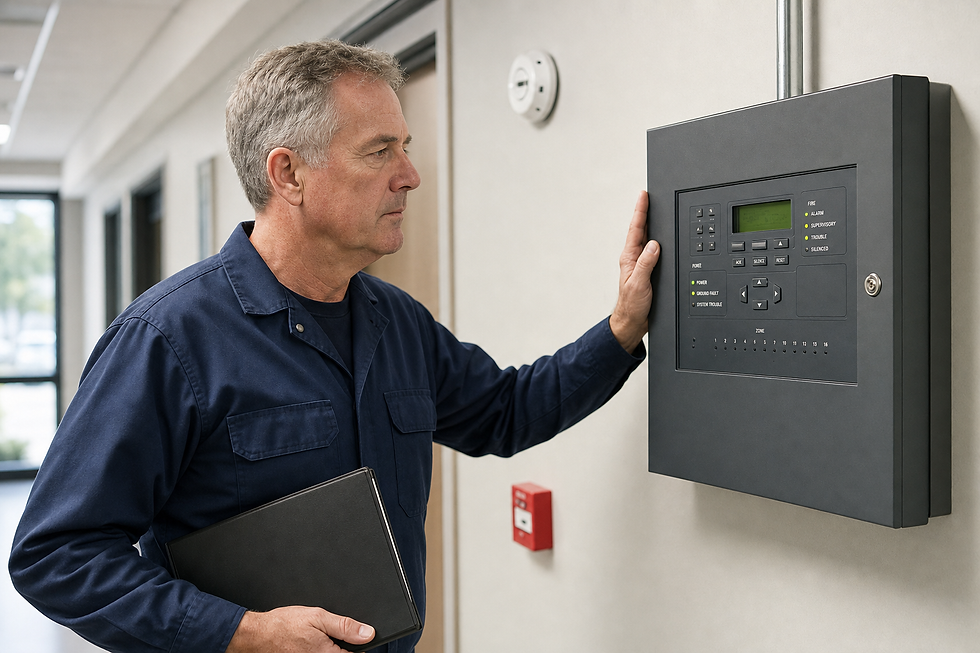 Engineer inspecting a control panel on a wall, holding a black notebook.