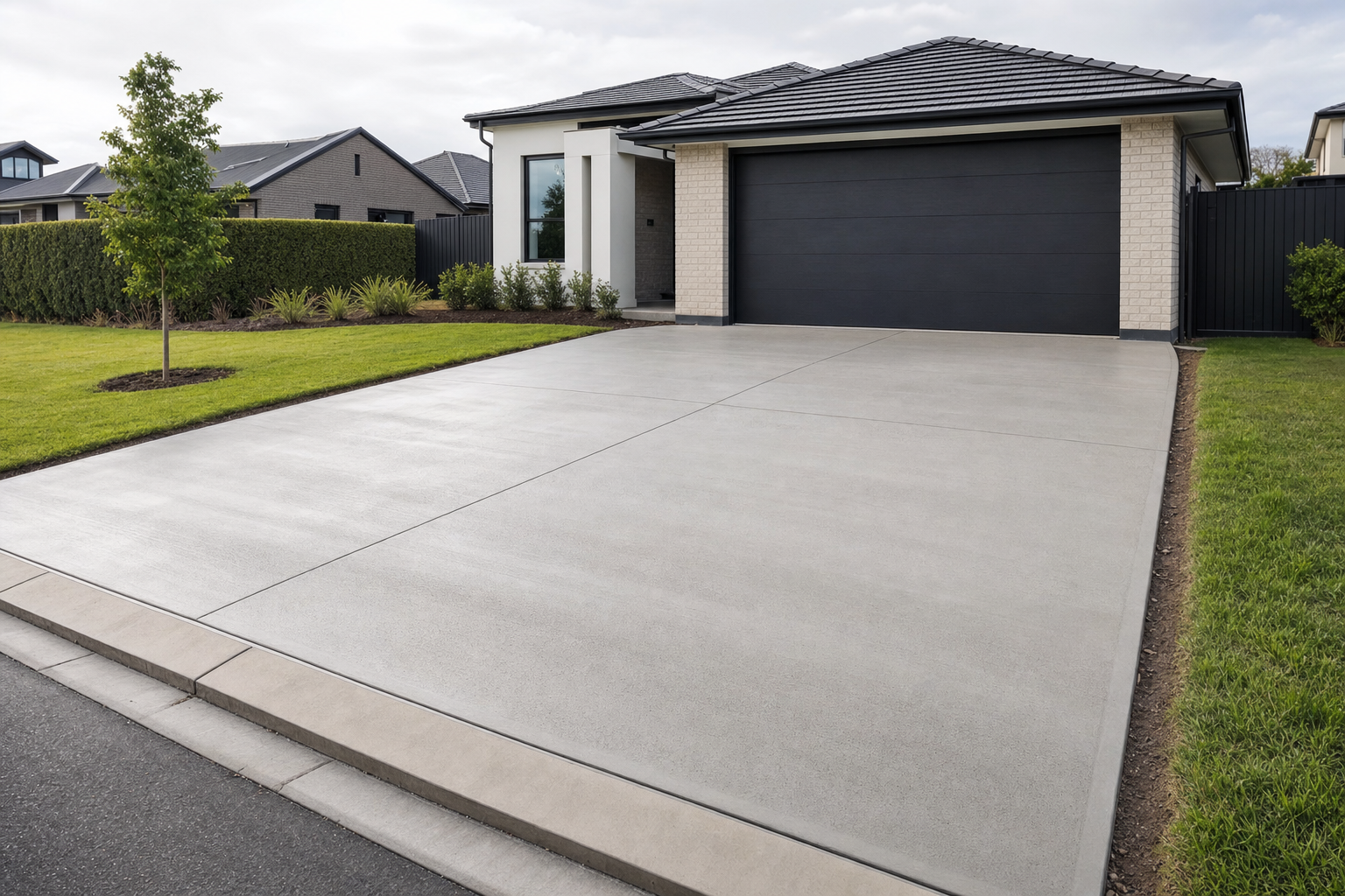 Modern house with a black garage door and a large, clean concrete driveway, surrounded by a well-maintained lawn.