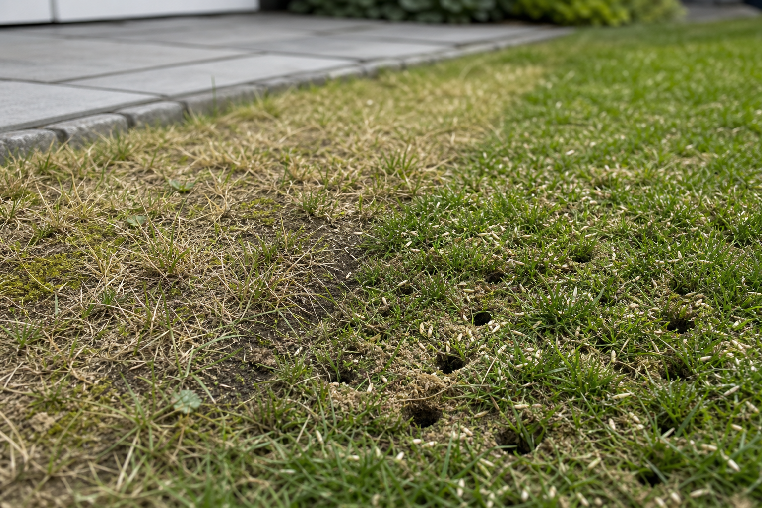 Patchy and overgrown lawn area with visible soil holes beside a grey paved walkway.