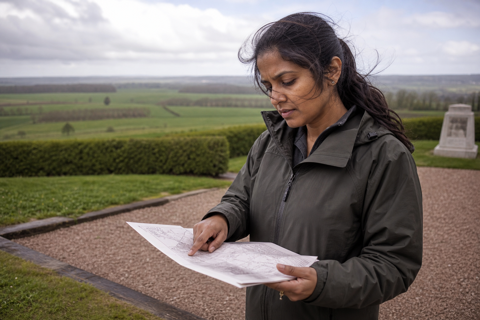 A woman in a green jacket studies a map amidst a scenic rural landscape, with cloudy skies in the background.