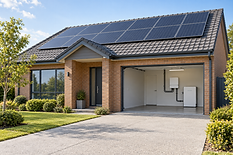 Modern brick house with solar panels on the roof and an open garage featuring energy storage units.