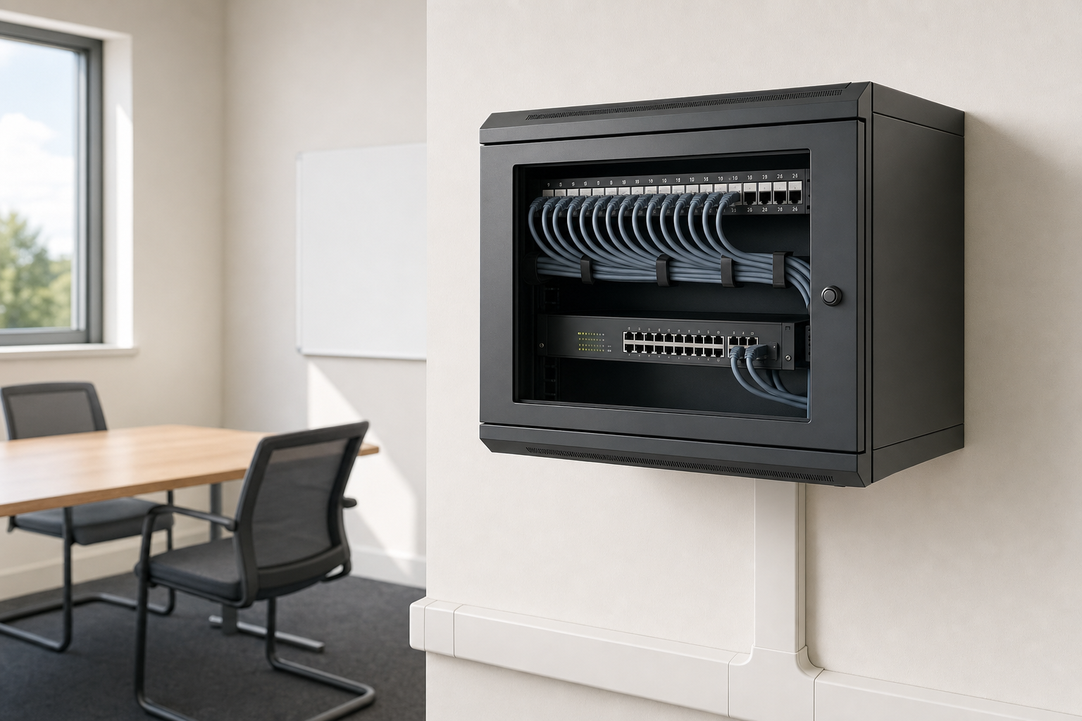 A network patch panel is mounted on a wall beside a meeting table and chairs in a well-lit office.