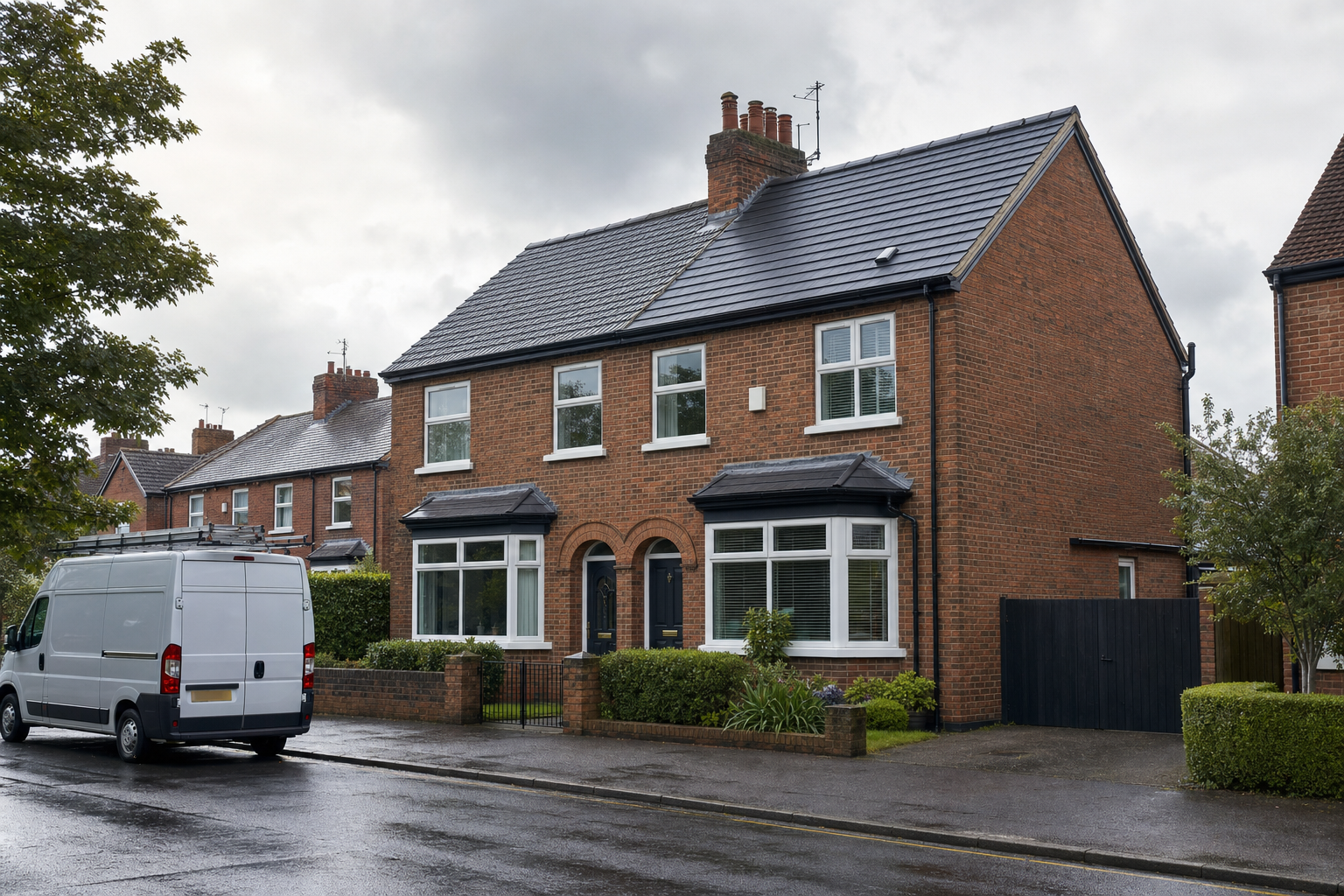 Brick semi-detached house on a rainy day with a white van parked outside.