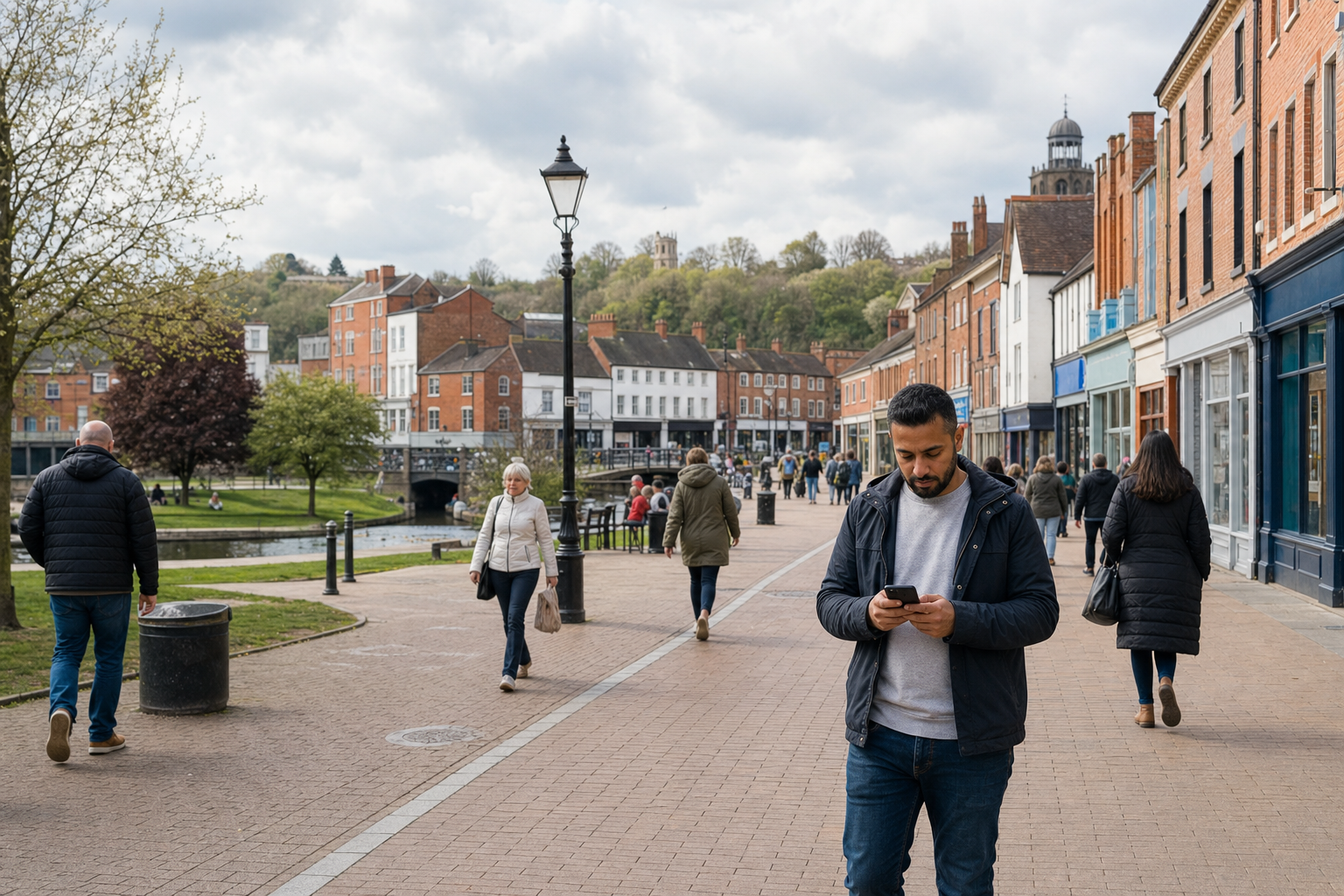 People walking along a quaint pedestrian street lined with shops and historic buildings on a cloudy day.
