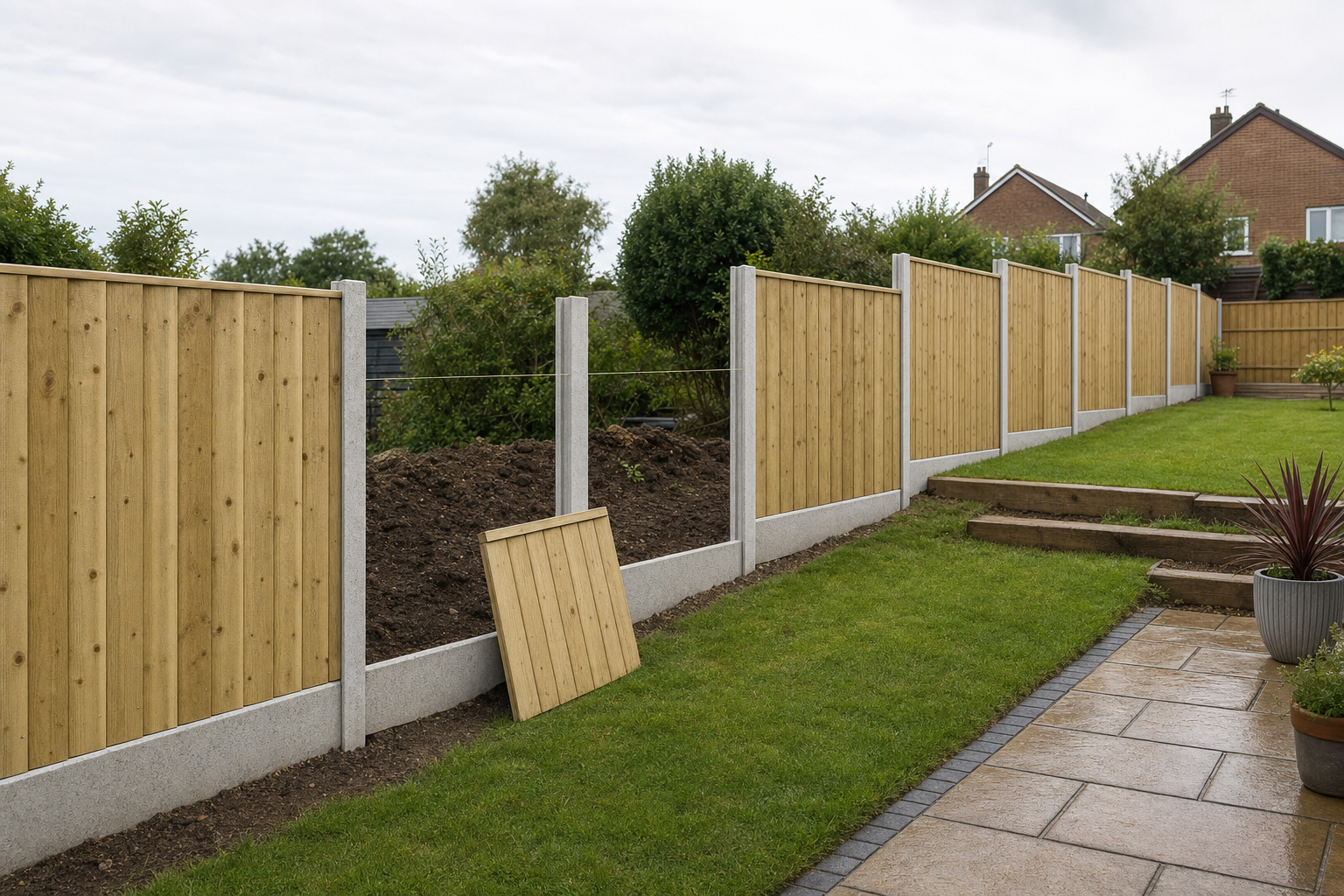 A wooden fence with concrete posts runs along a garden with a missing panel leaning against the fence.