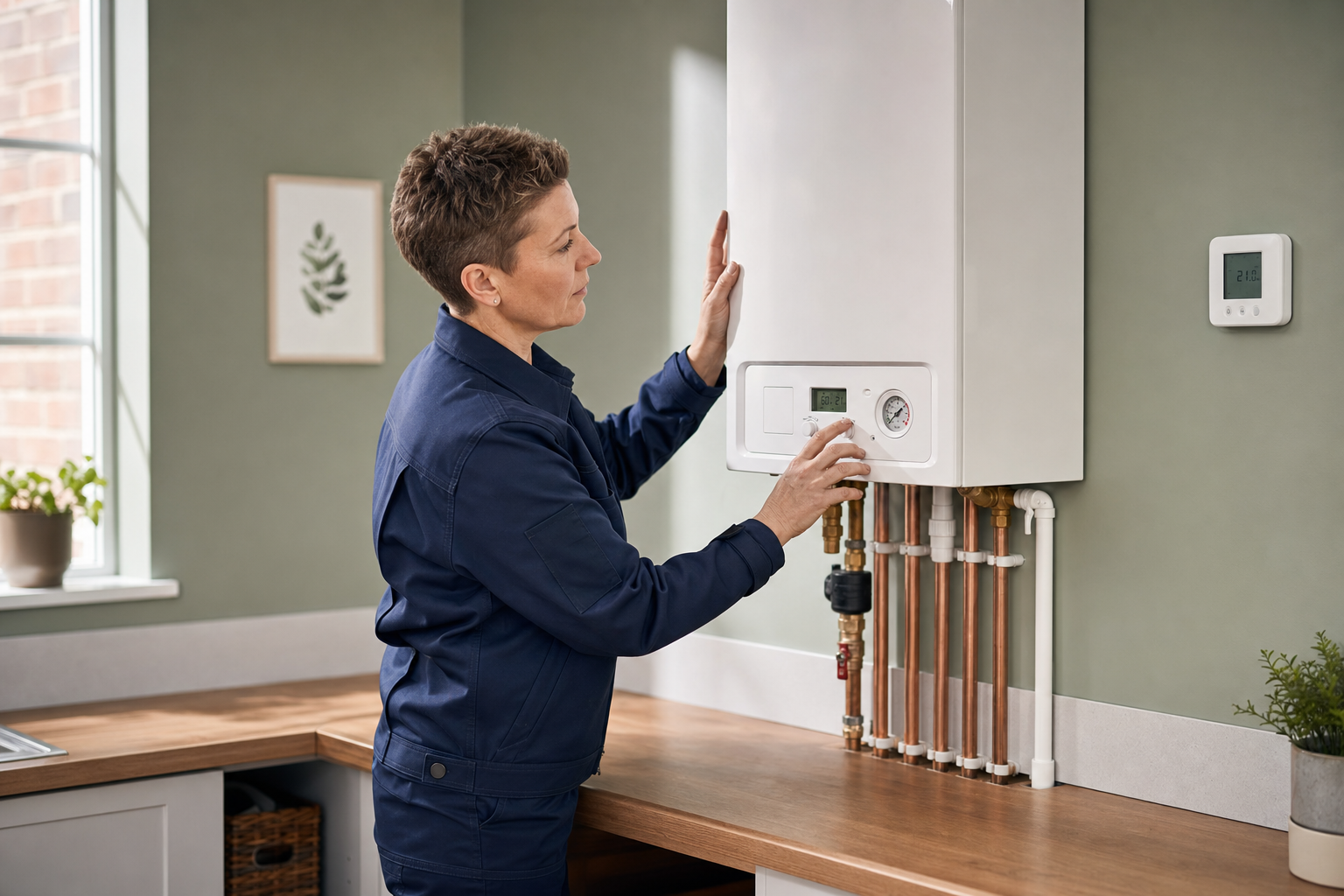 Engineer adjusting a boiler's settings in a modern kitchen.