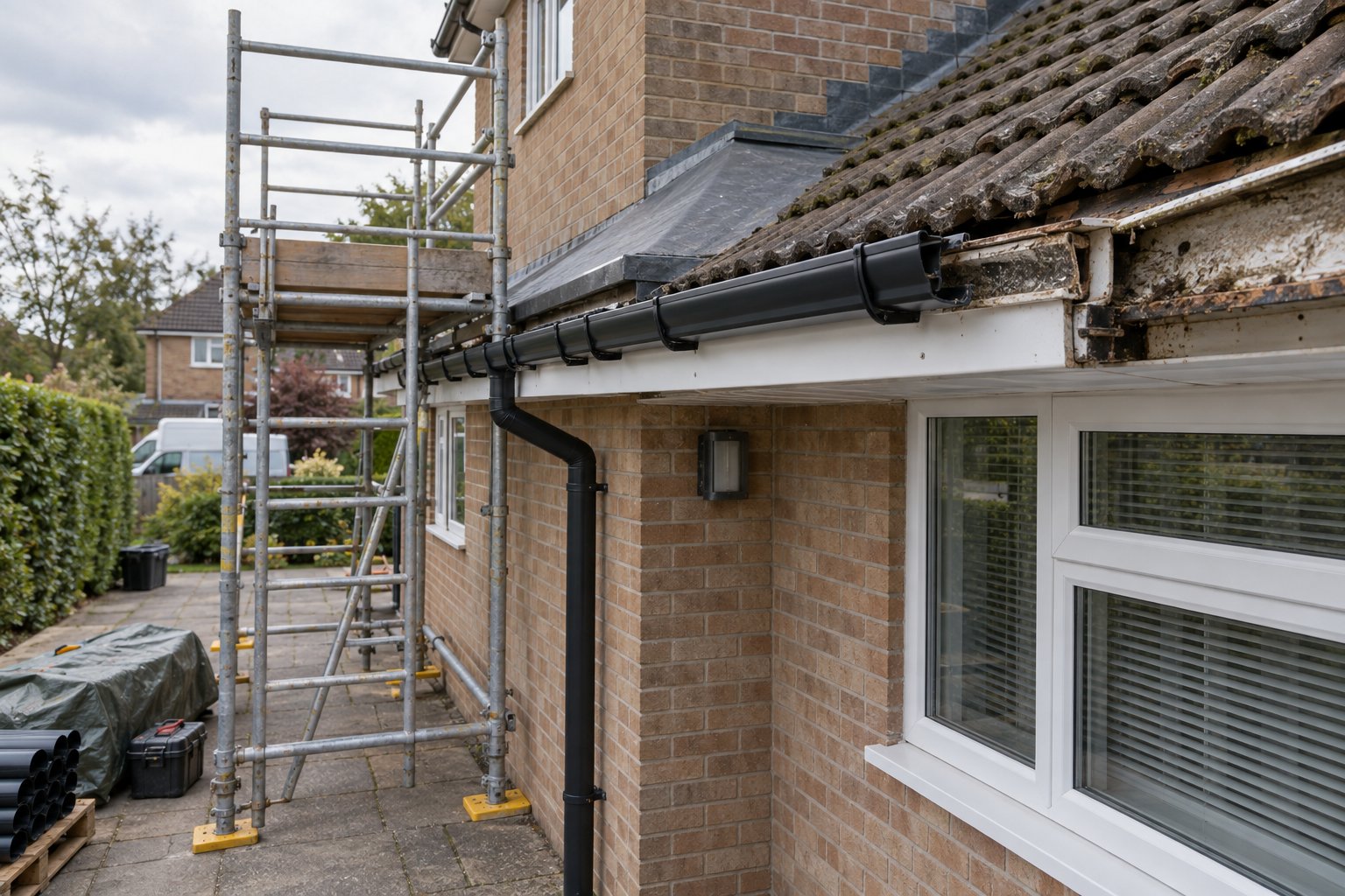 Brick house undergoing gutter replacement with scaffolding set up along the side.