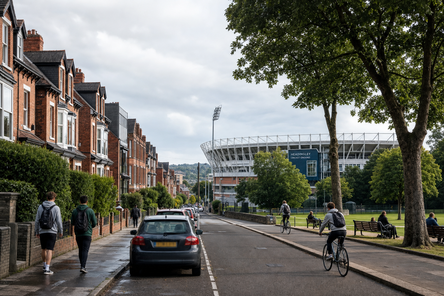 Terraced houses line a street leading to Headingley Cricket Ground, with people walking and cycling under a cloudy sky.