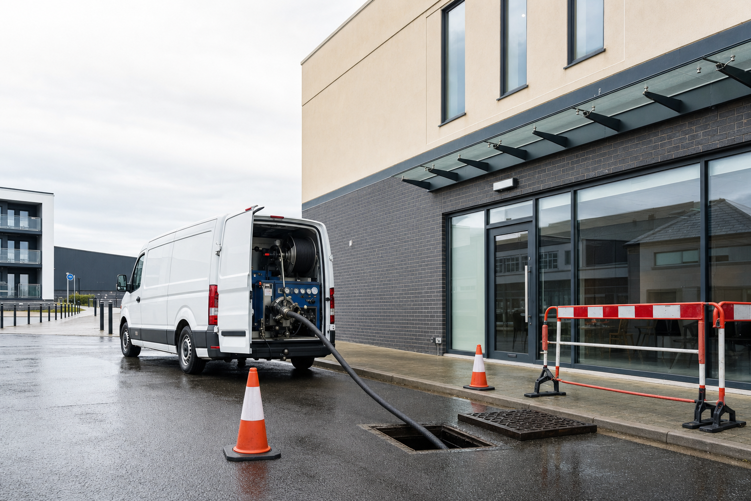 A white service van with a hose is connected to an open manhole next to a modern building on a wet day.