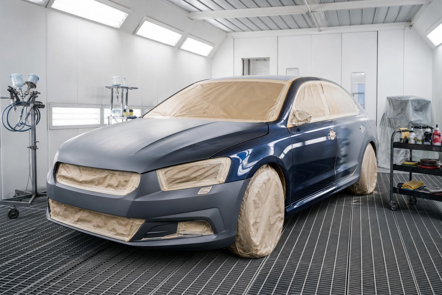 A car covered in protective paper is in a paint booth, ready for a new paint job.