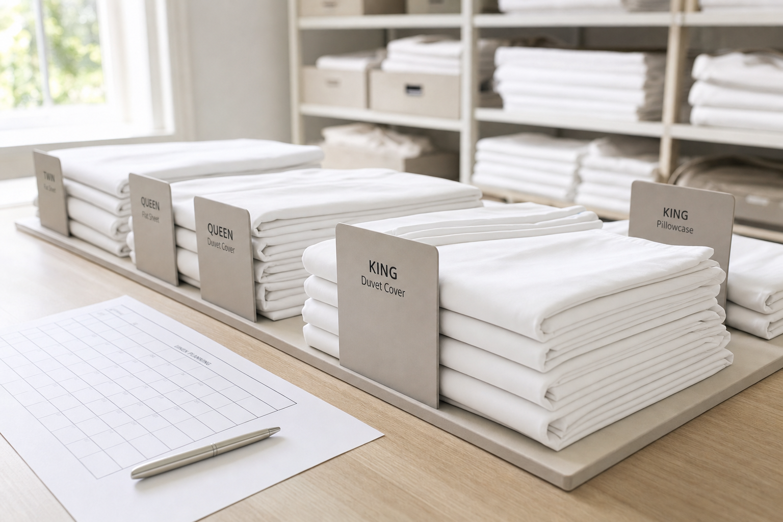 Neatly folded bed linen of various sizes labelled on a counter in a well-organised storeroom.