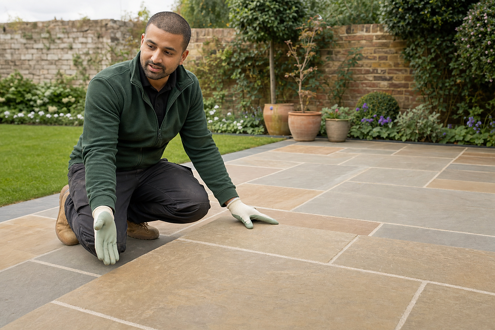 Man in a green jumper and gloves kneeling on a newly laid patio in a garden.