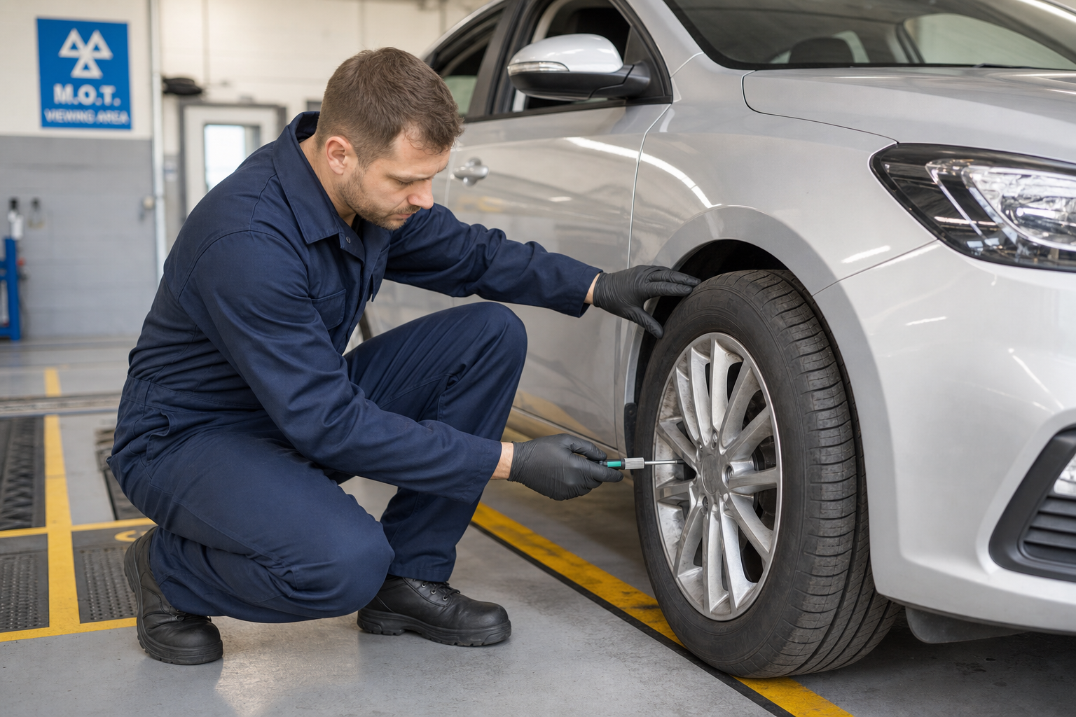 Mechanic in blue overalls checking a silver car's tyre pressure in a garage with an M.O.T. viewing area sign.