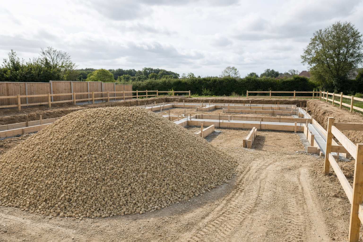 Piled gravel at a construction site with wooden framework and dirt tracks under a cloudy sky.