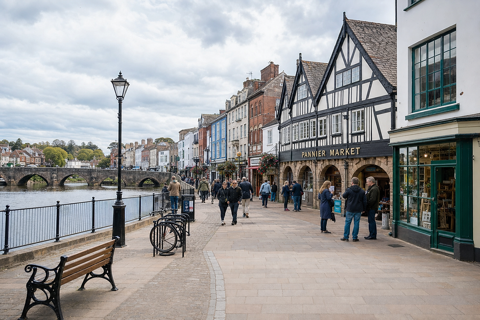 Shoppers stroll along a riverside path beside historic market buildings on a cloudy day.