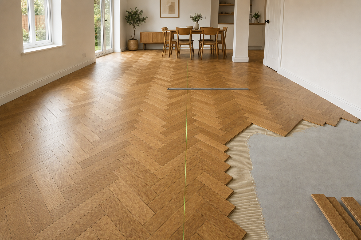Spacious living and dining area undergoing interior installation with a green alignment laser line.
