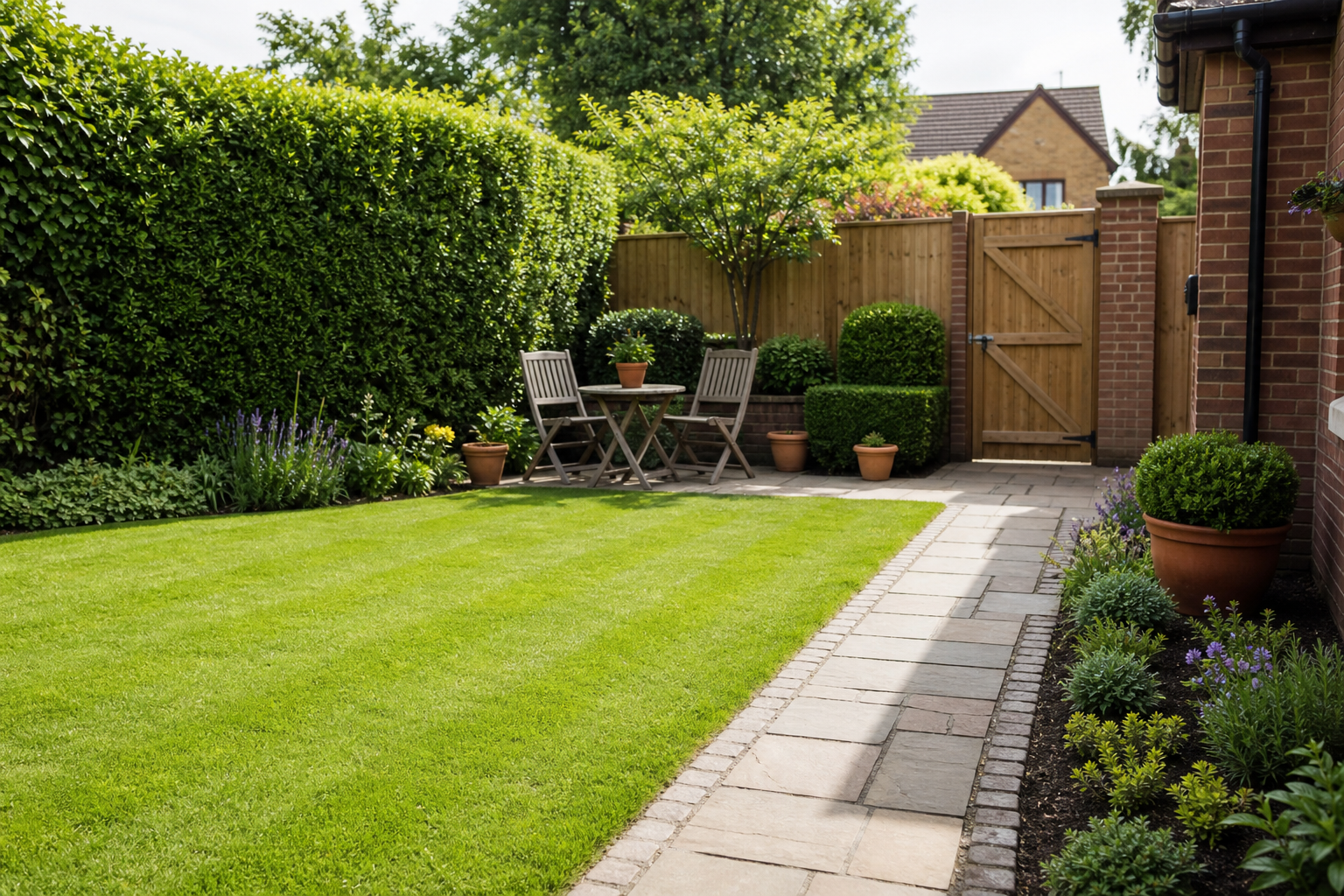 A well-kept garden with a small table, two chairs on a patio, surrounded by lush greenery and a wooden fence.