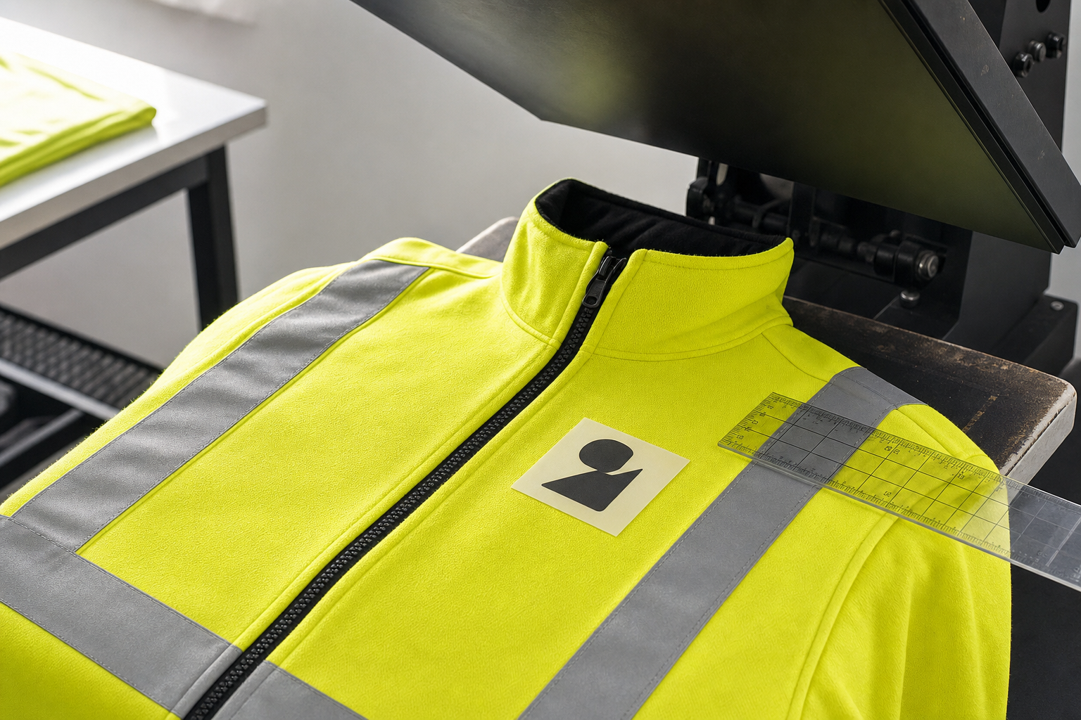 A high-visibility jacket with reflective strips is positioned under a heat press, with a ruler and a logo decal on top.