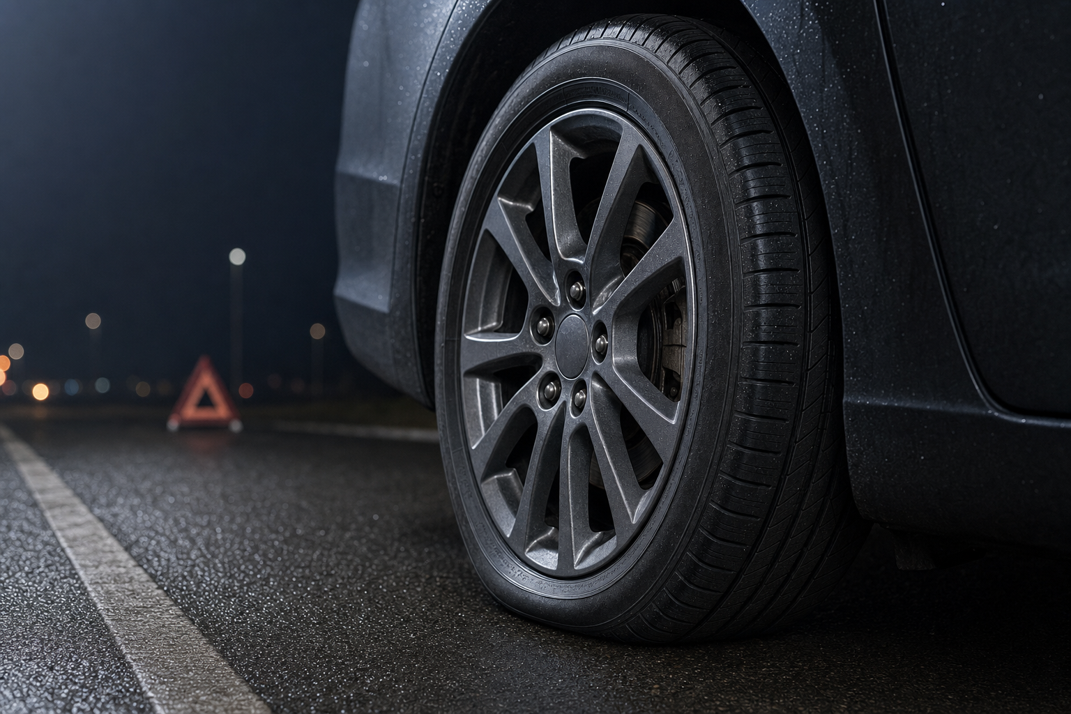 Close-up of a car's flat tyre on a wet road at night, with a warning triangle in the background.
