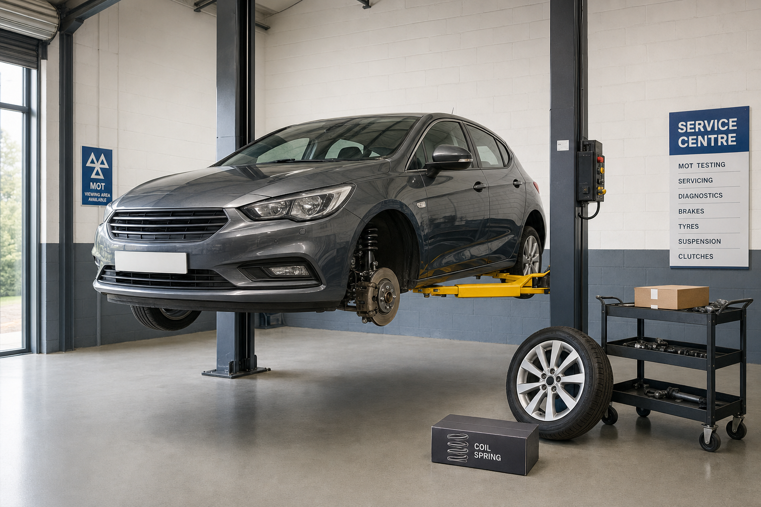 A grey car is raised on a lift in a service centre, missing one wheel, with replacement parts nearby.