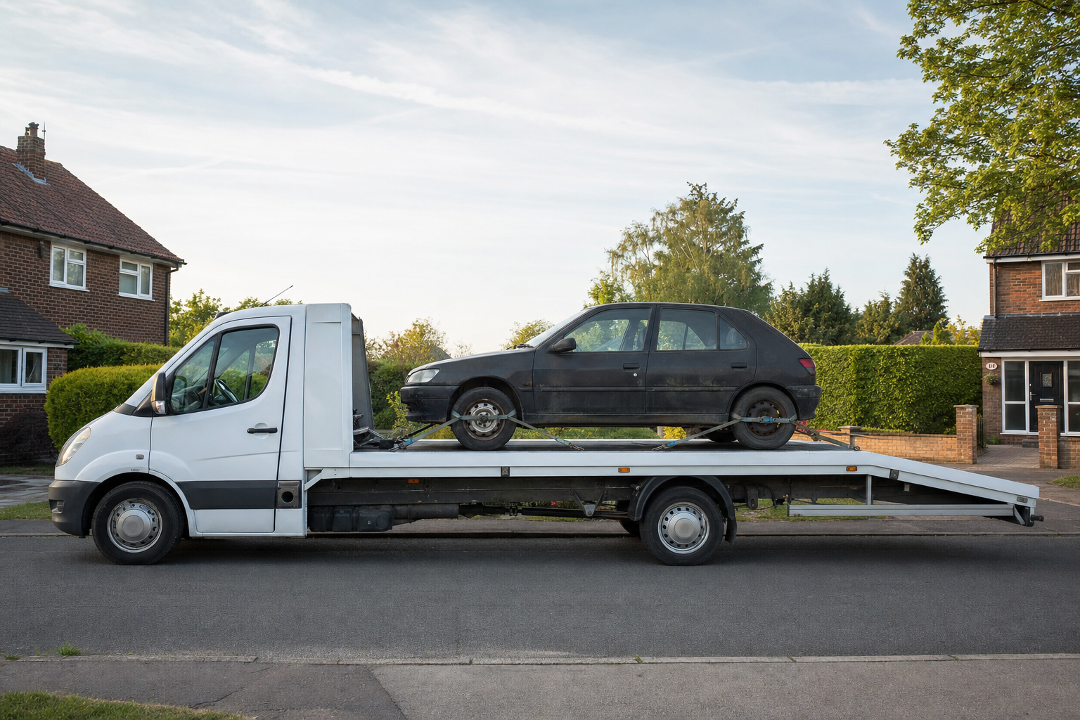 A white tow truck is transporting a black car on a suburban street with brick houses visible in the background.
