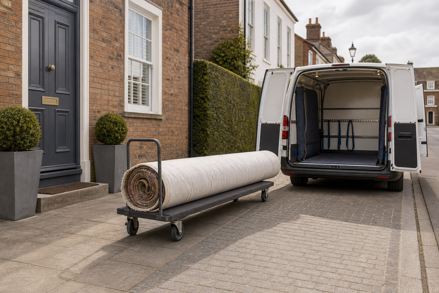 A rolled carpet on a dolly is ready to be loaded into an open white van parked on a residential street.