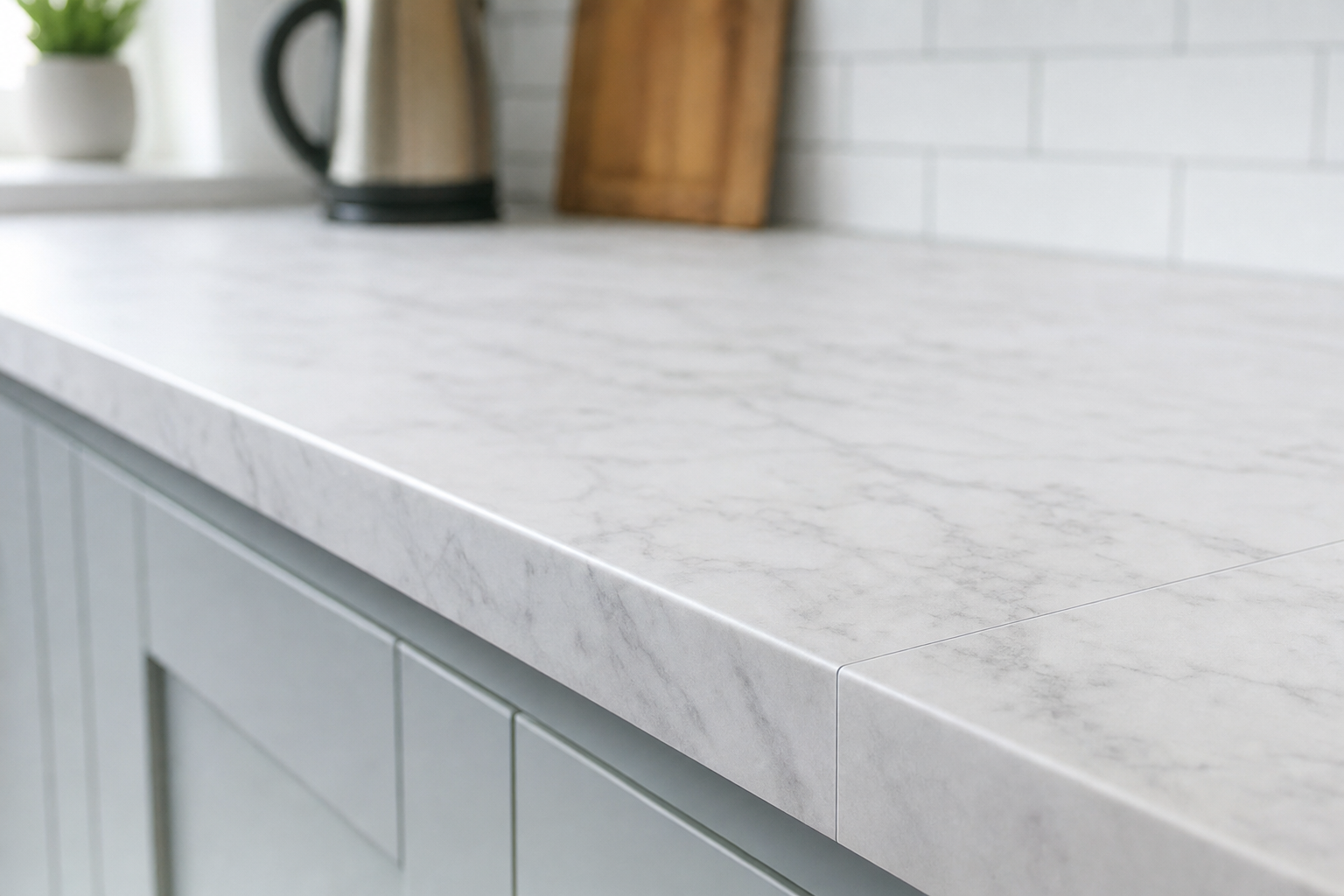 Marble-effect kitchen worktop in a modern kitchen setting with a kettle, chopping board, and plant in the background.