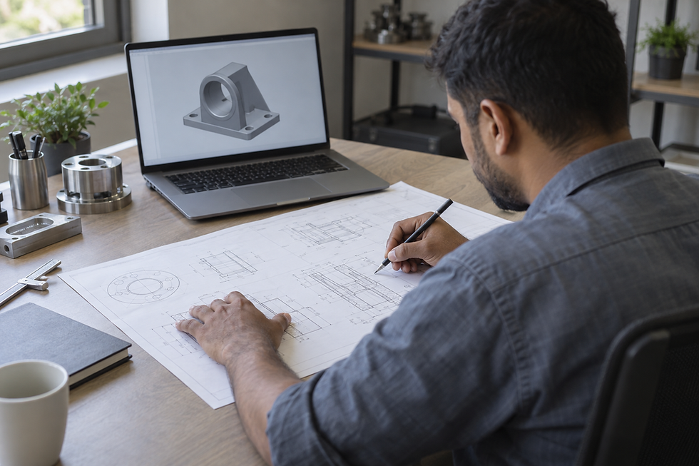 An engineer sketches technical drawings at a desk with a laptop displaying a 3D model.