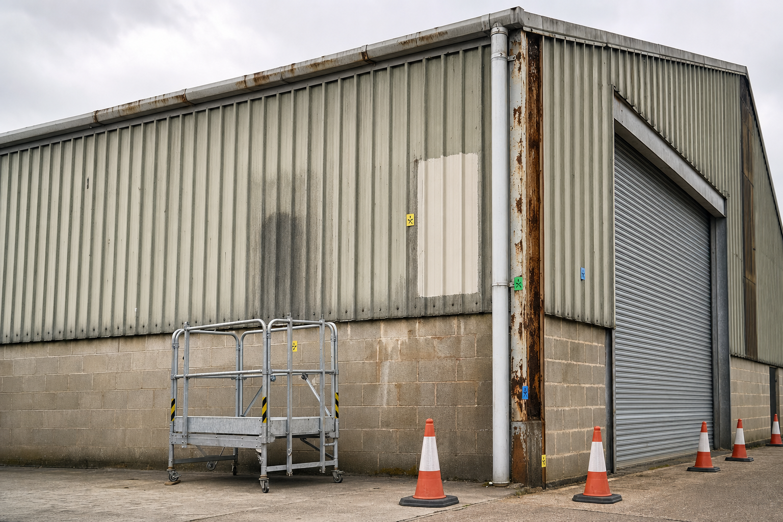 Industrial warehouse exterior with corrugated metal walls, a roll-up door, and safety cones scattered around.